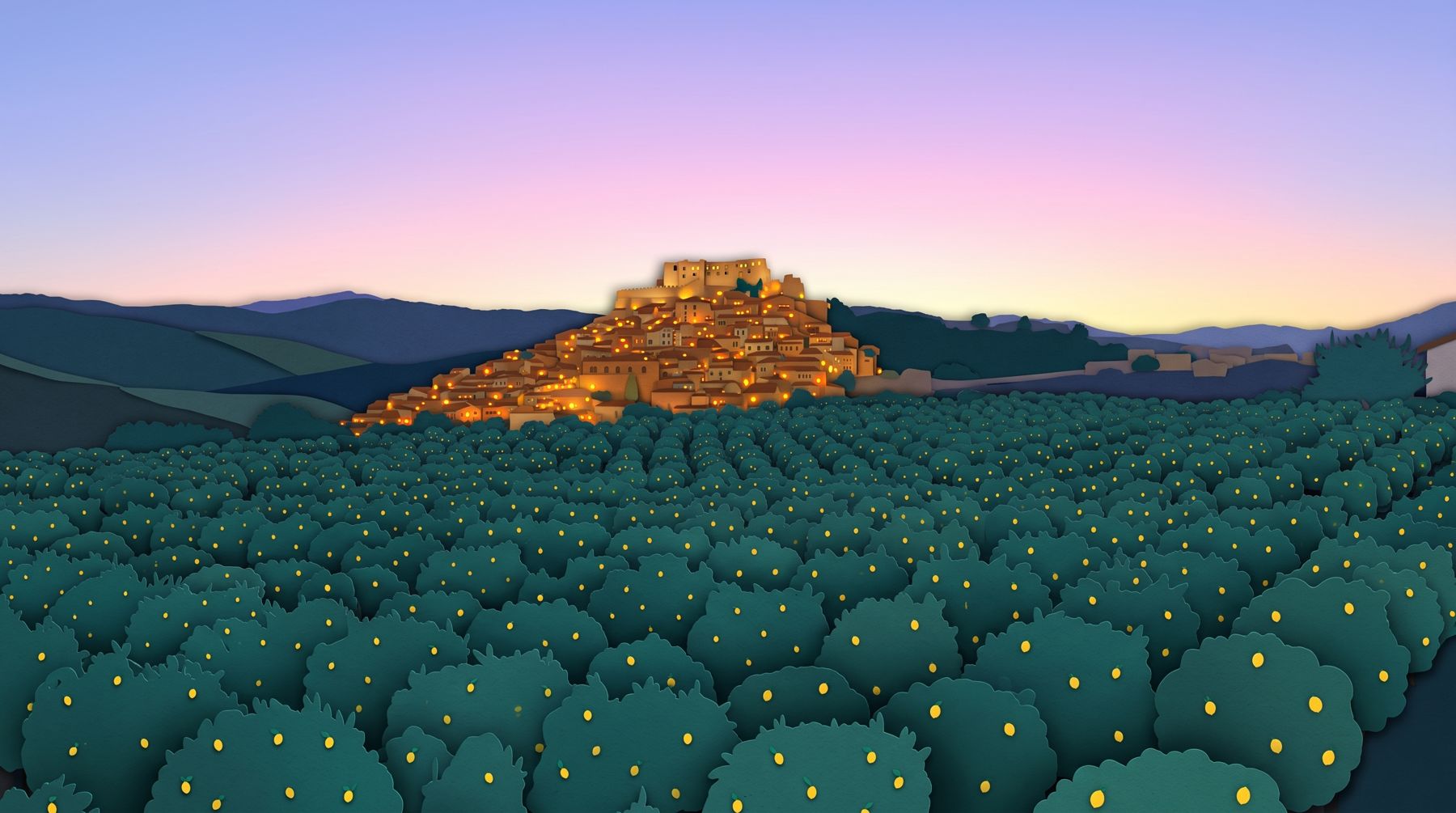 Il borgo di Rocca Imperiale con il castello al tramonto, sopra i limoneti, in carta ritagliata